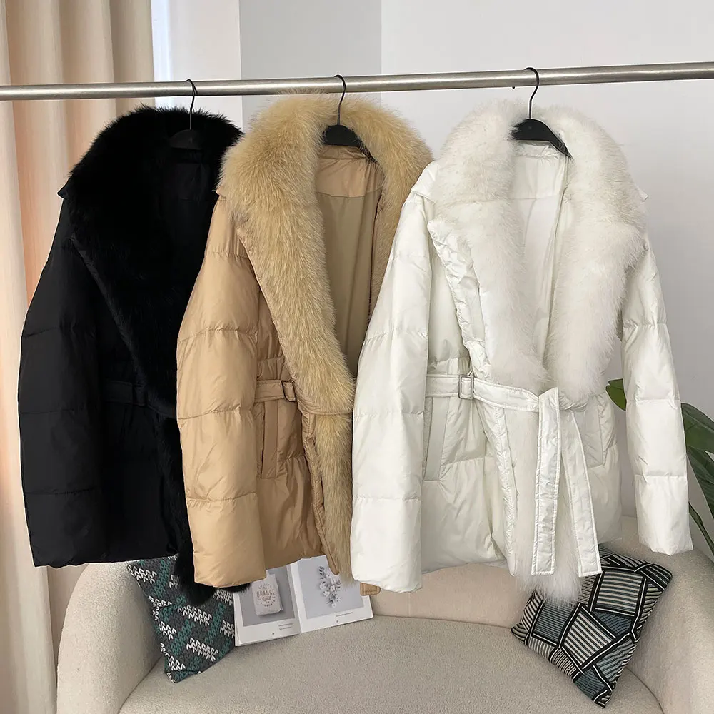 Winter New White Goose Down Coat Down Jacket Women Parkas Slim Coat Belt Outwear Female Warm Luxury Natural Fox Fur Collar