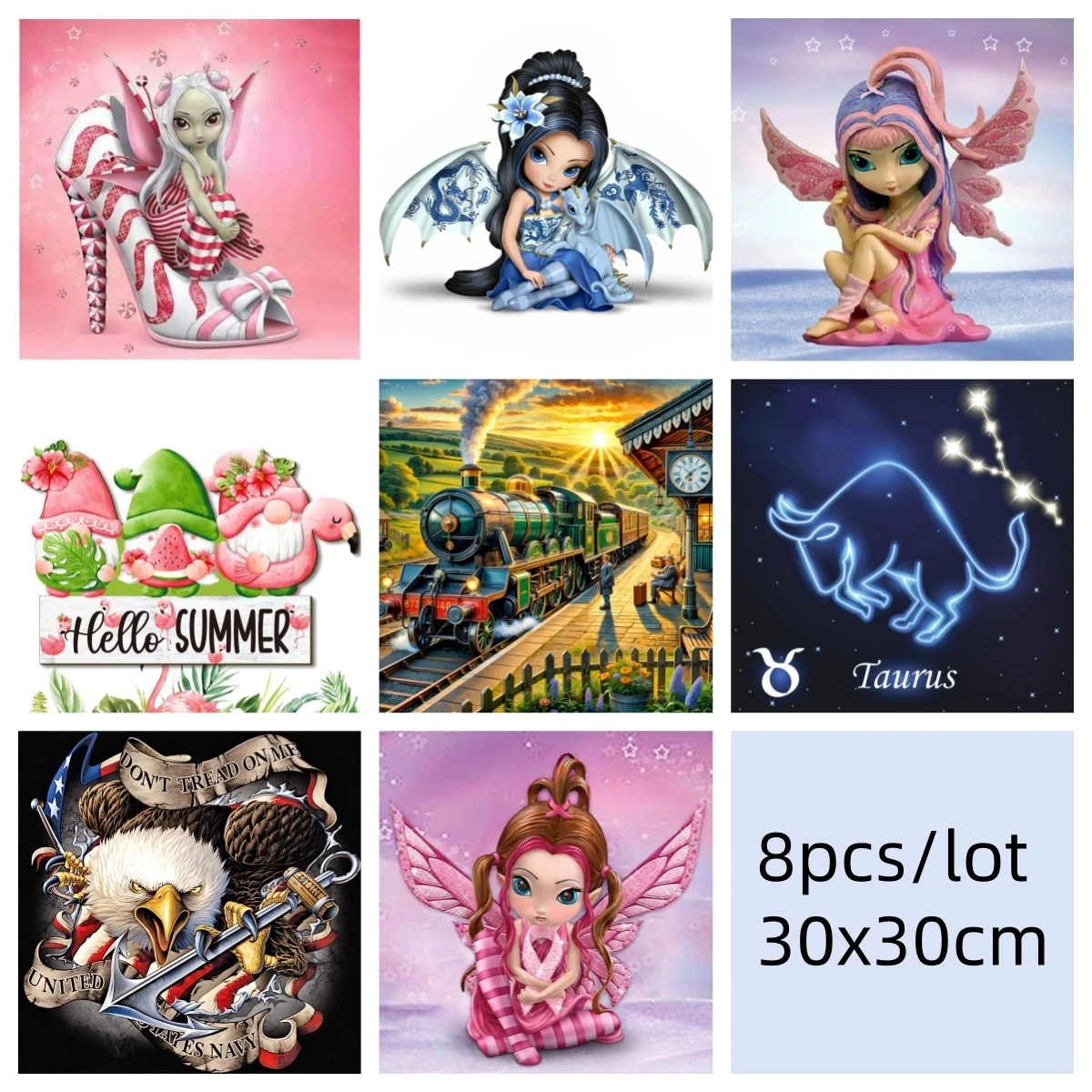 

8pcs/lot Diamond Painting Canvas Size 30x30cm Full Round Drill Big Eyed Fairy Elf , Magic Train , Summer Gnoks , Bald Eagle