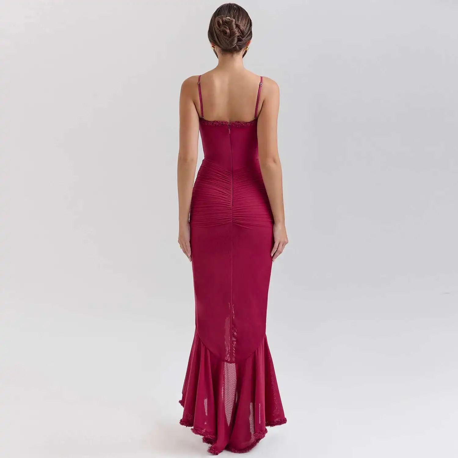 Sexy Evening Club Party Dresses 2025 Summer Mesh Ruffle Long Dress Spaghetti Strap Backless Irregular Ruched Bodycon Robe