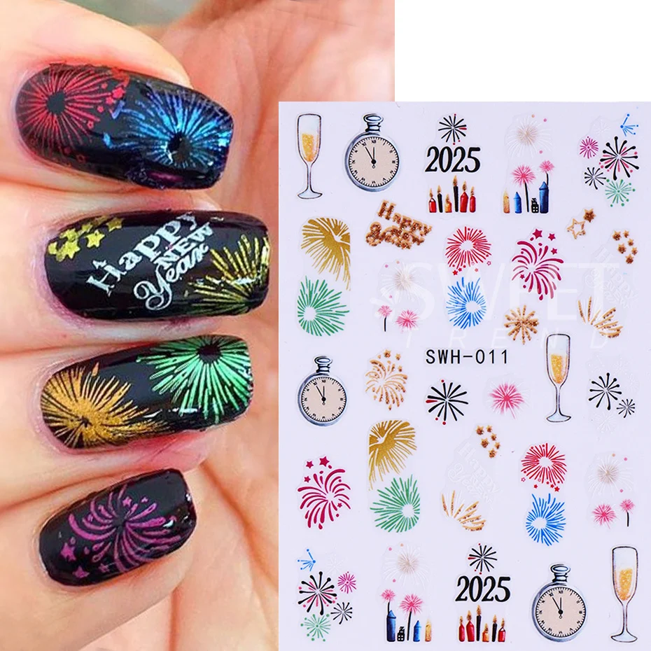 2pcs Fireworks Nail Sticker Winter Christmas New Year Champagne Clock Design DIY Adhesive Slider Decals Manicure Decoration Tips