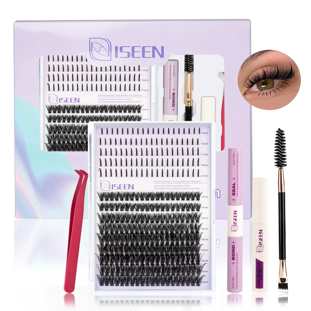DIY Eyelash Extensions Individual Lashes Clusters 9-18mm Mix Length Natural Look with Bond And Seal Remover Lash Tweezer