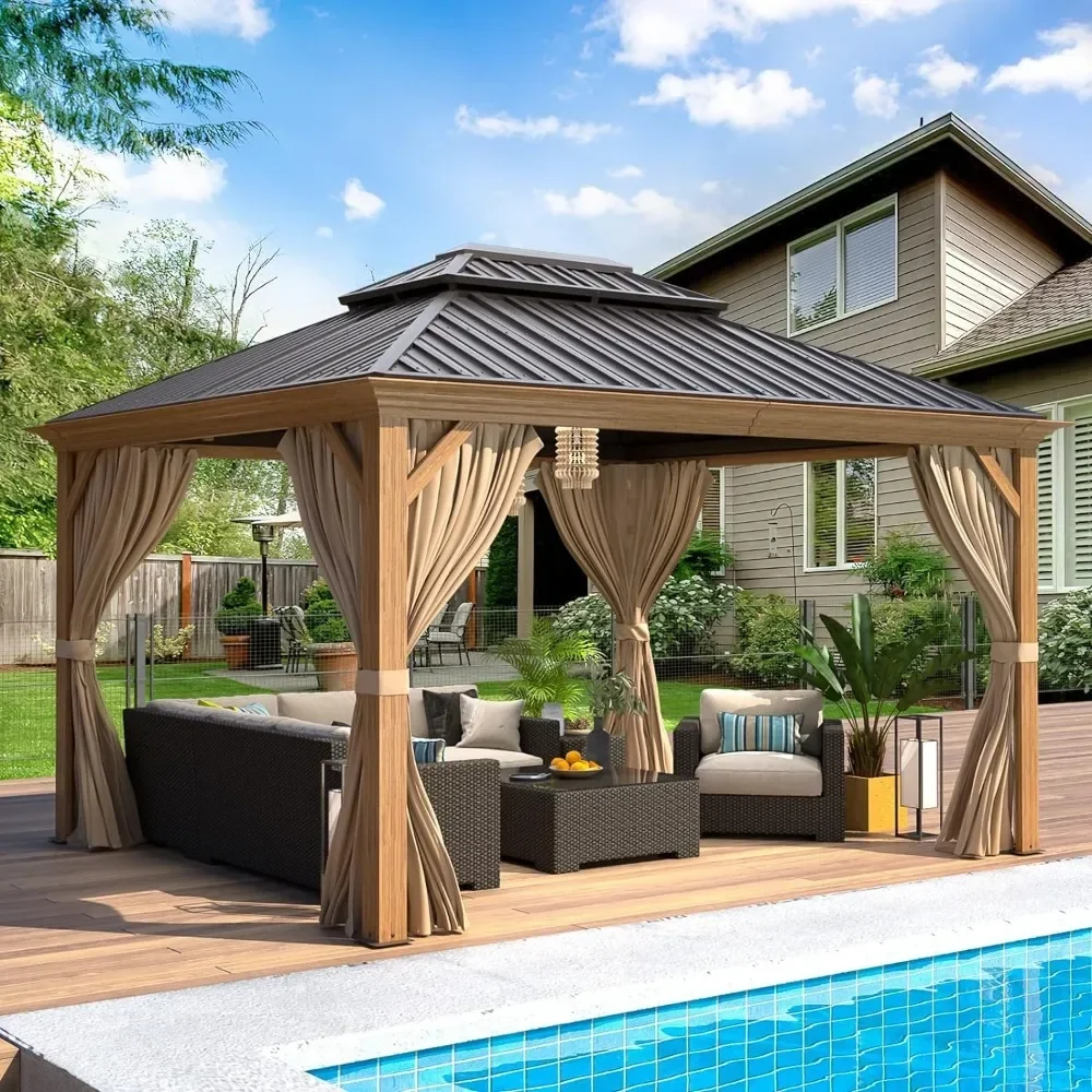 

10'x12' Hardtop Gazebo, Wooden Finish Coated Aluminum Frame Gazebo with Galvanized Steel Roof, Outdoor Metal Gazebos