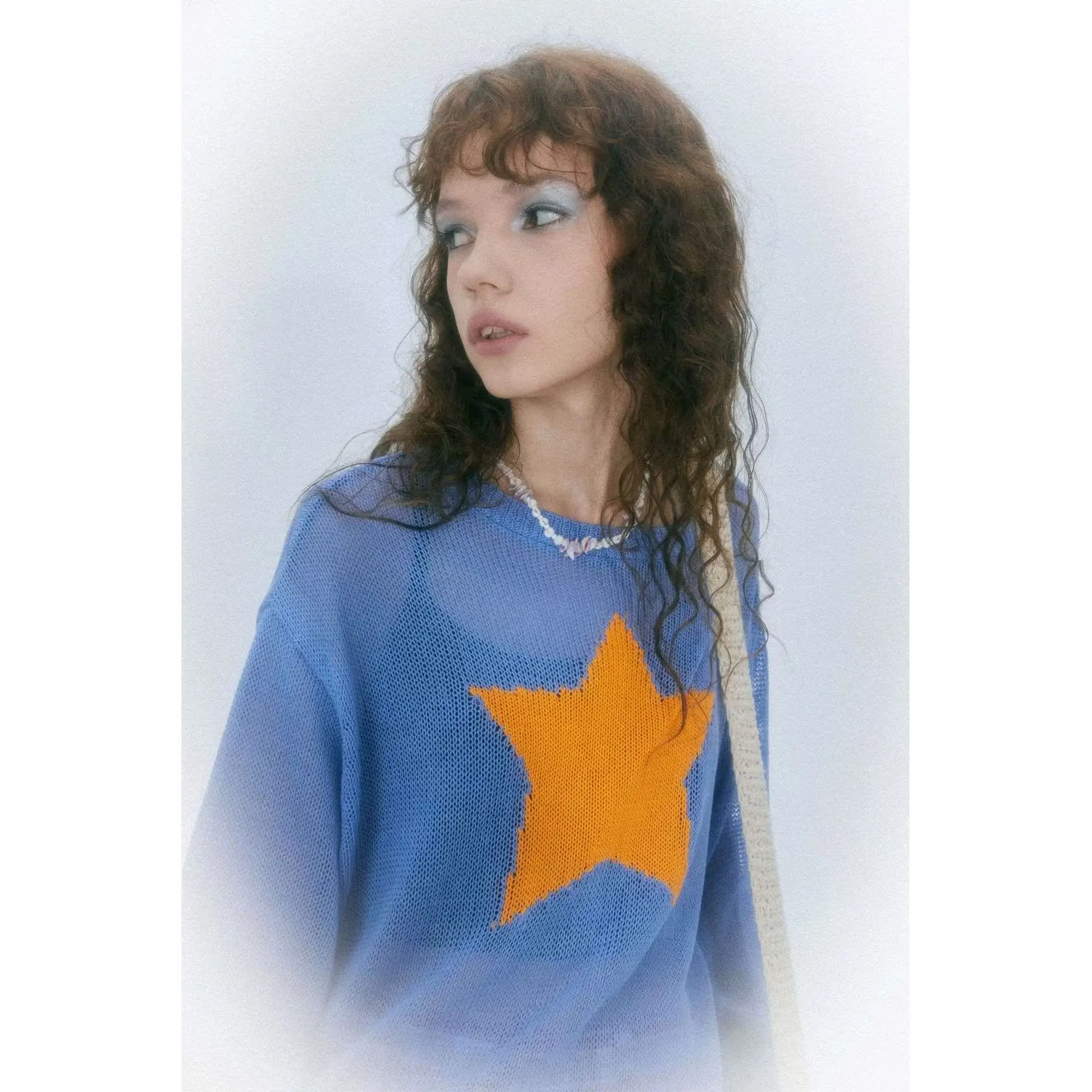 Sexy Hollow out Star Pattern See tough Knitted T irt Women's Outerwear Long Sve round Ne Top Trendy Street Sle