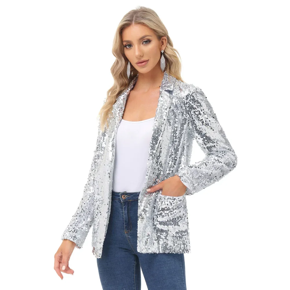 KK Women Shiny Blazer Sparkling Sequins Coat Long Sleeve Lapel Collar Jacket Wedding Party Stage Costumes Outerwear Streetwear