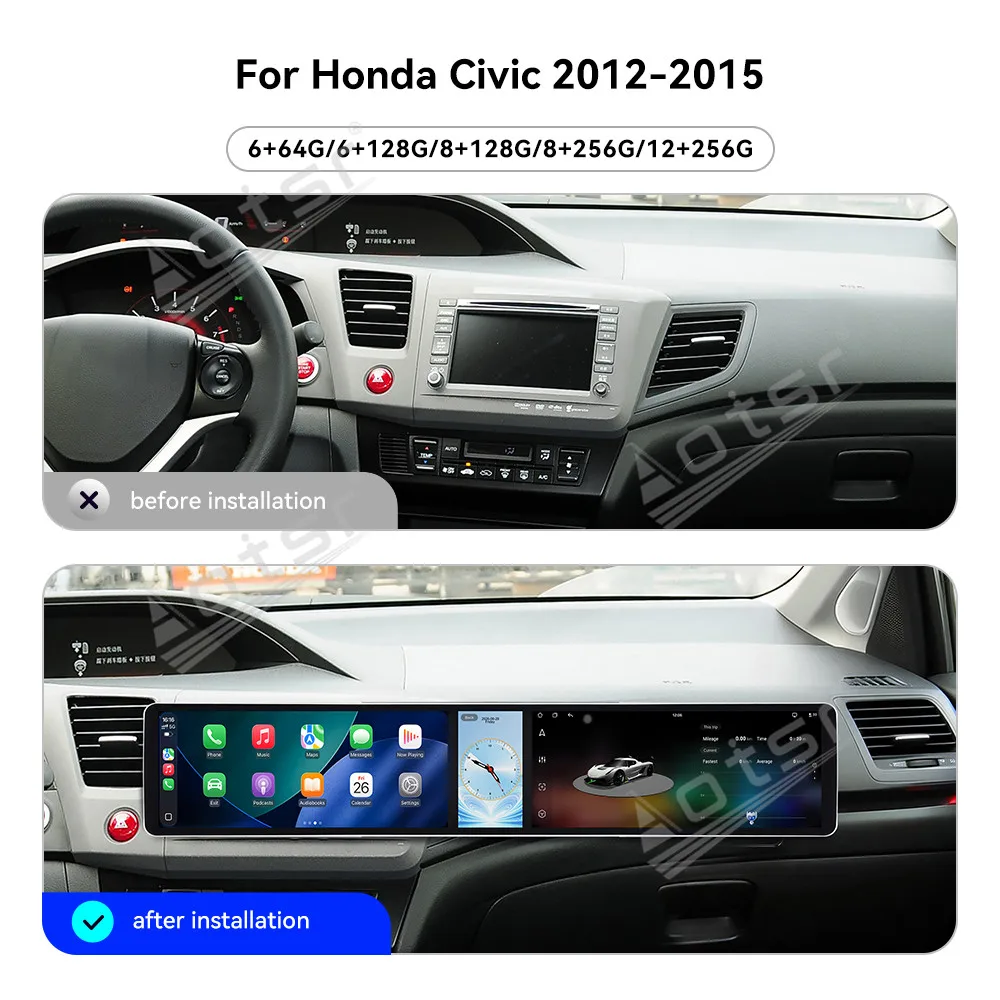 Dual 12.3” Triple Screen Android 15 Carplay For Honda Civic Iron Gray  2012–2015 Gps Navigation Car Radio HD Touch Screen