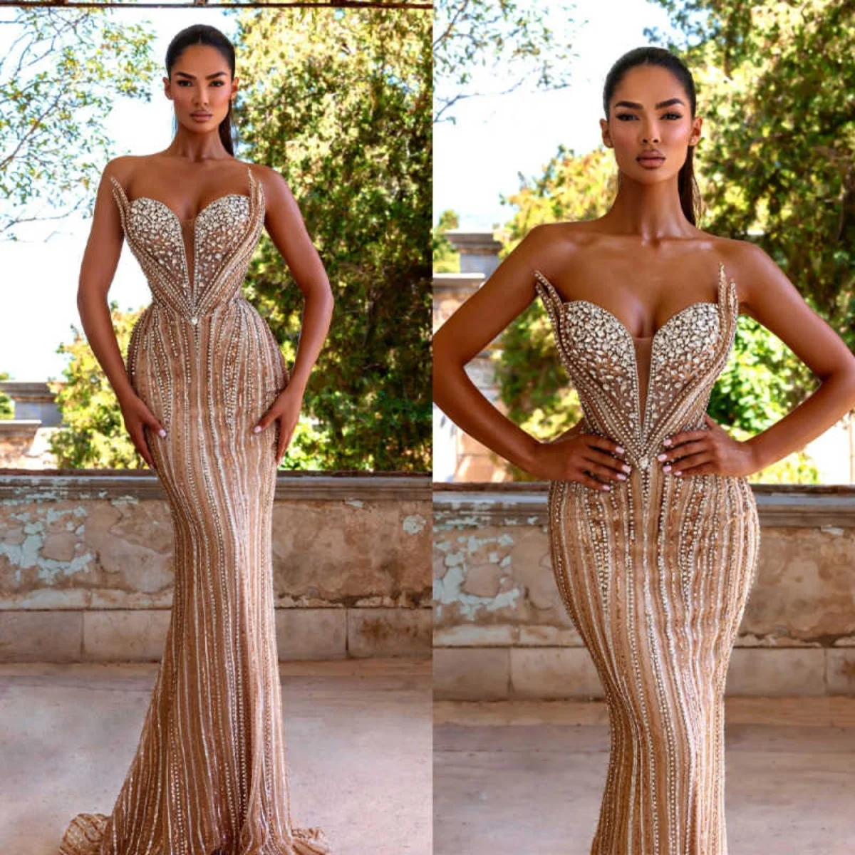 

Exquisite Evening Dresses Sleeveless Pearls Rhinestones For Woman Birthday Party Prom Special Occasions Dress Customized