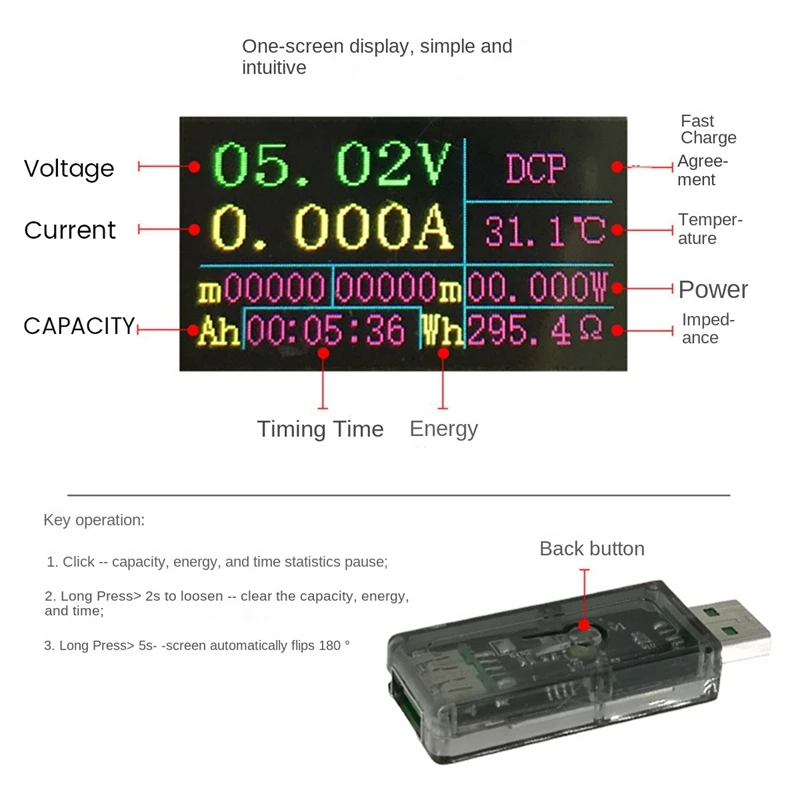 ZK-UT 5A USB Color Screen Tester 0.96-Inch IPS Voltmeter Power Capacity Fast Charging Protocol QC2.0/3.0 Charger Tester