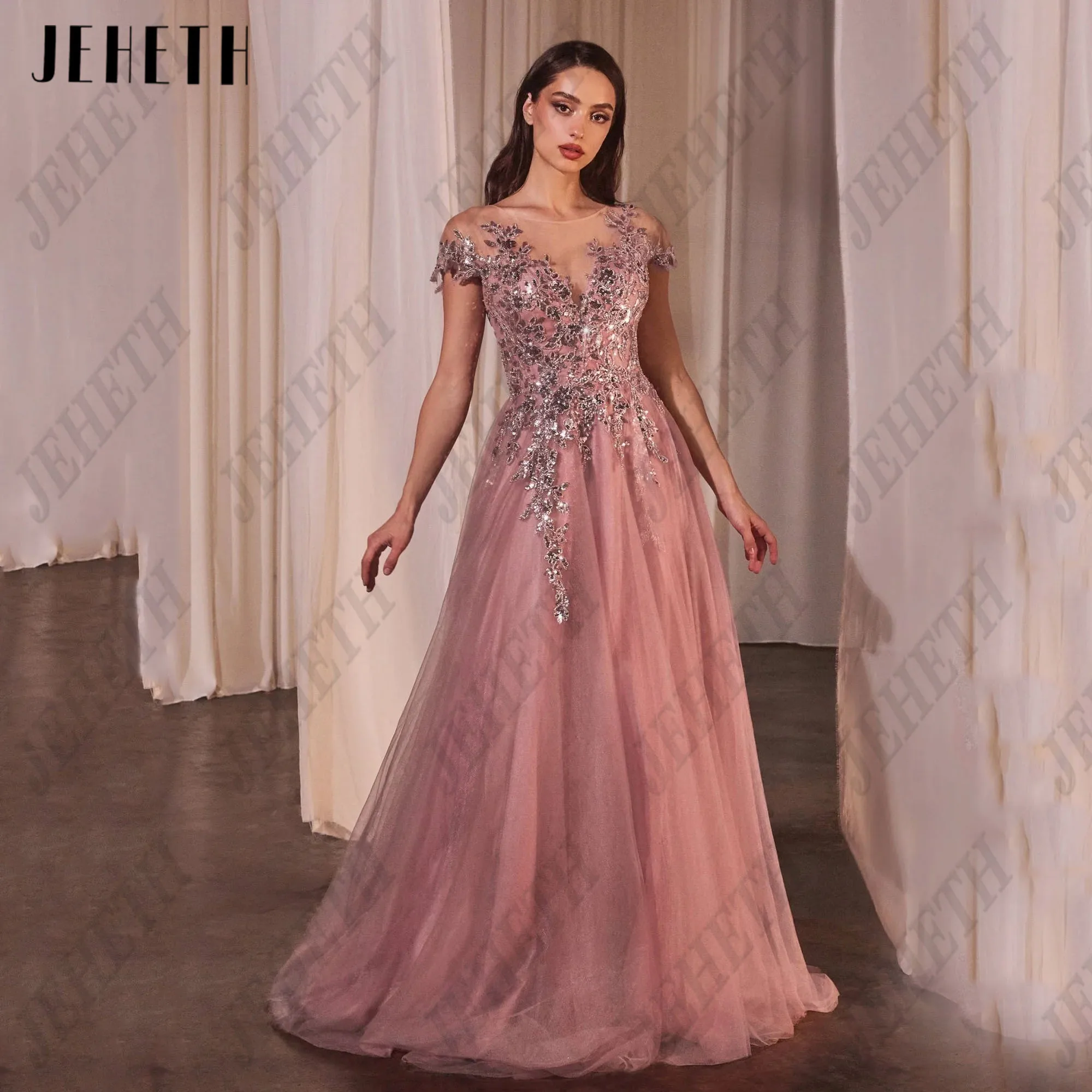 Jeheth A-Linie lange Ballkleider o Hals Kurzarm Tüll bestickte Spitze Homecoming Party kleid Abendkleid angepasstJEHETH A-Linie Lange Prom Kleider O-Ausschnitt Kurzarm Tüll Bestickte Spitze Homecoming Party Kleid Abend – Detail 10