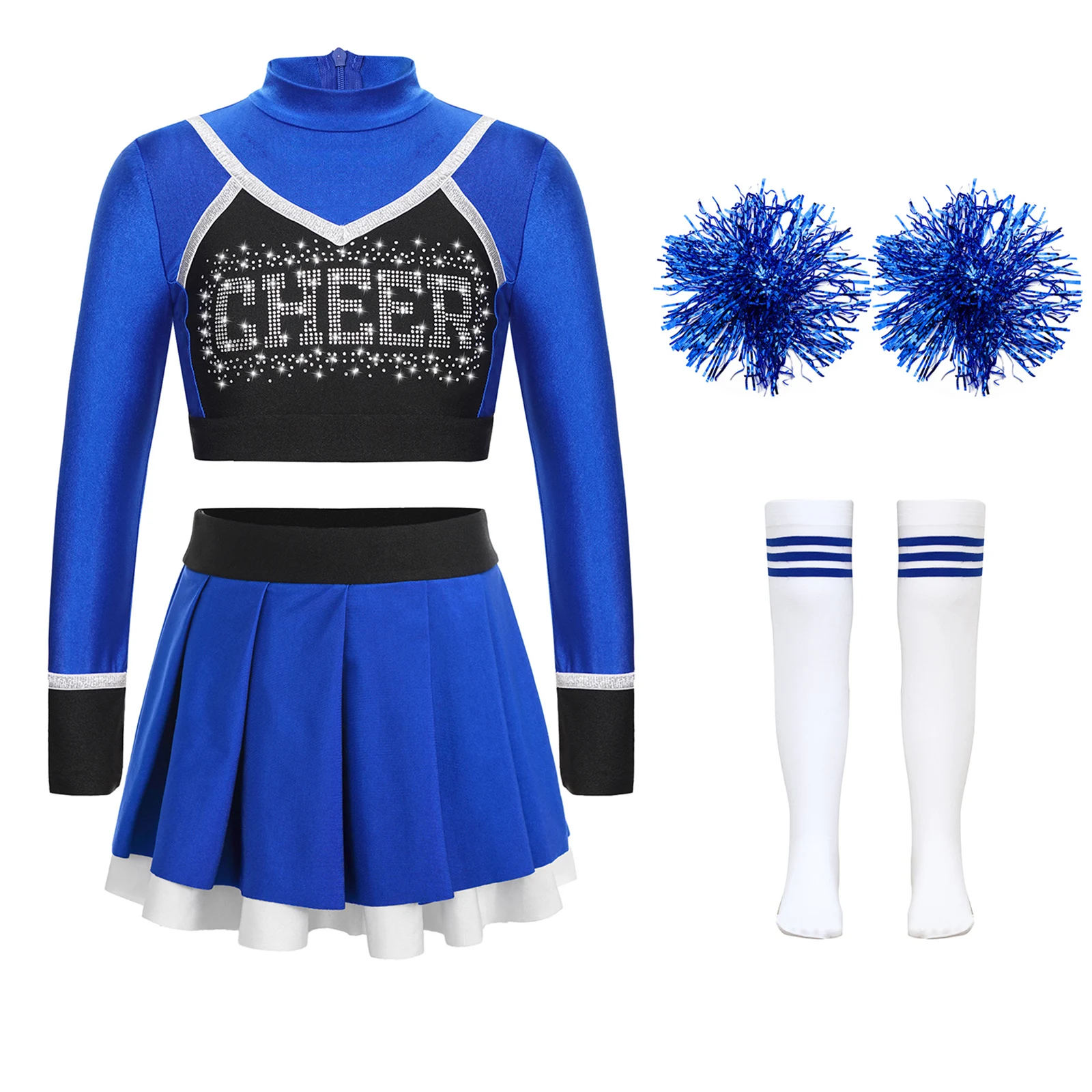 Girls Cheerleading Dance Outfit Glittery Rhinestone Letter Pattern Patchwork Long Sleeve Crop Top Pleated Skirt Suit