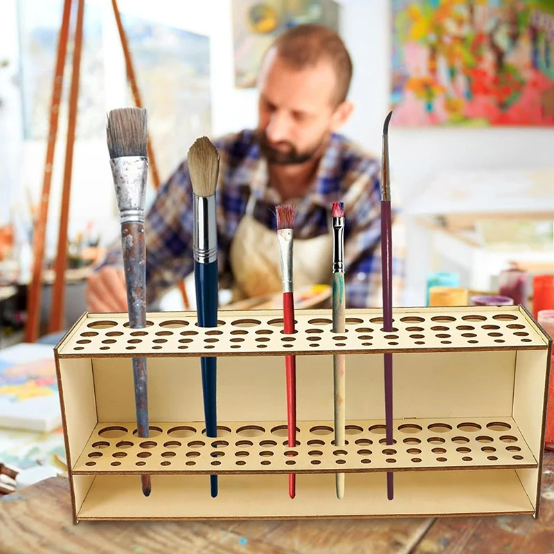 67 Holes Paintbrush Holder Stand Wooden Paint Brush Stand Desk Organizer Wall Mounted Makeup Brush Shelf For Painting Supplies