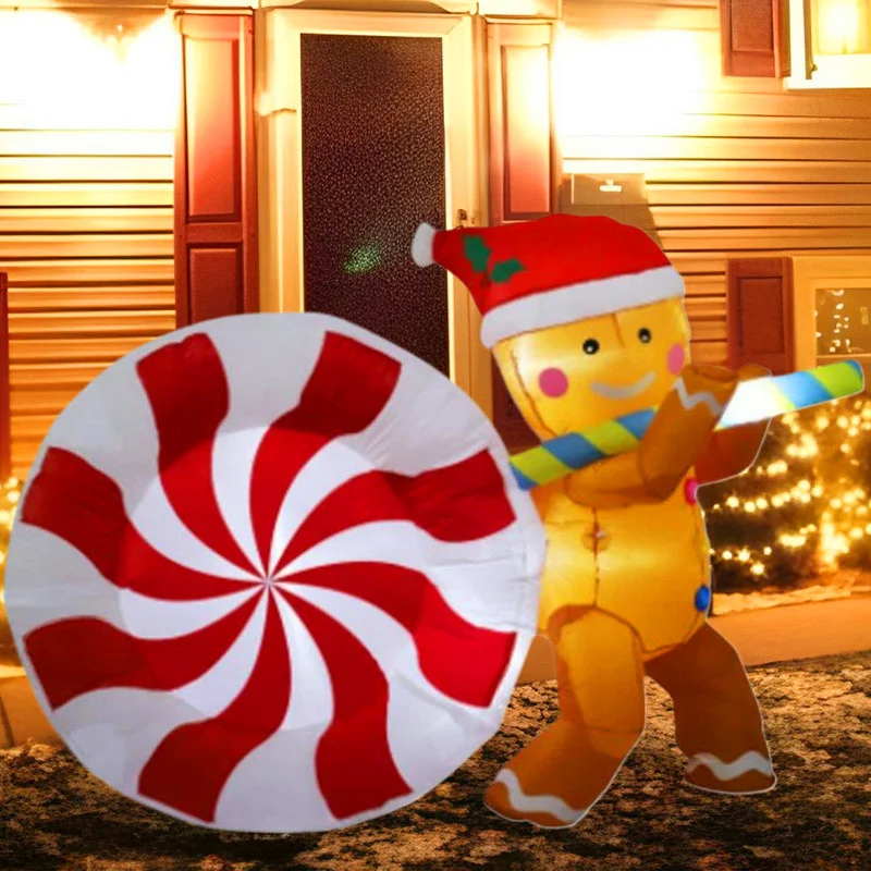 5FT Decorazione gonfiabile di Natale Giocattolo Caramelle Gingerbread Man Luci a LED integrate Giardino esterno Festival Scena di feste Decorazioni natalizie