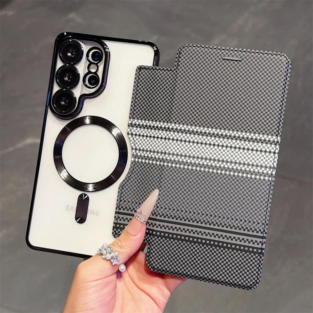 Flip Kevlar Card Holder Clear for MagSafe Phone Case For Samsung S25 S26 Ultra FE S23 S24 S22 Plus Plating Protective Back Cover