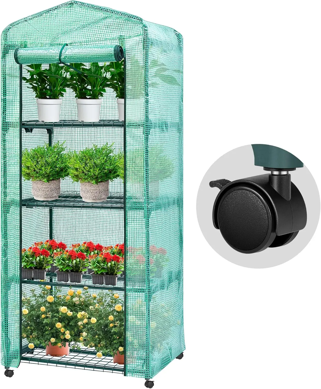 

Mini 4-Tier Greenhouse with Wheels, 27 x 19 x 63-Inch Reusable Portable Warm House with Green PE Cover and Shelf for Com