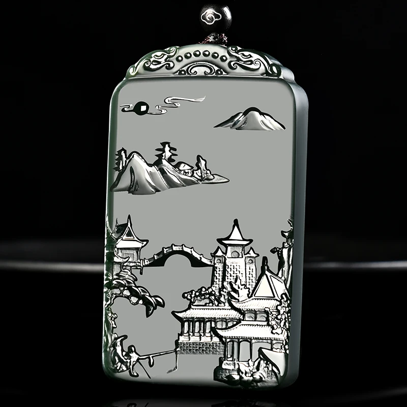 

New Natural Jade Carving Landscape Black Green Pendant Jadeite Charm Necklace Exquisite Jewelry Men Women with Chain Gift
