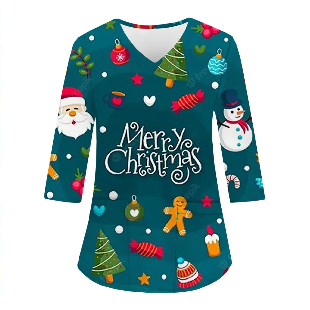 New 2025 Christmas Medical Uniform Santa Claus Celebration Print Easy Care Elastic Fabric 3/4 Sleeve V-neck Pocket Doctor Clinic