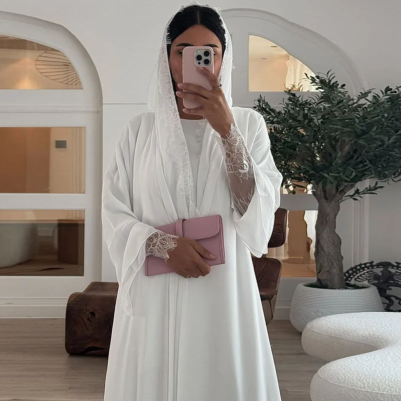 Modest Vintage Solid Chiffon X-Long Cardigan With Headscarf Women Fashion V Neck Spliced Lace Trench Coat Autumn Long Sleeve Top