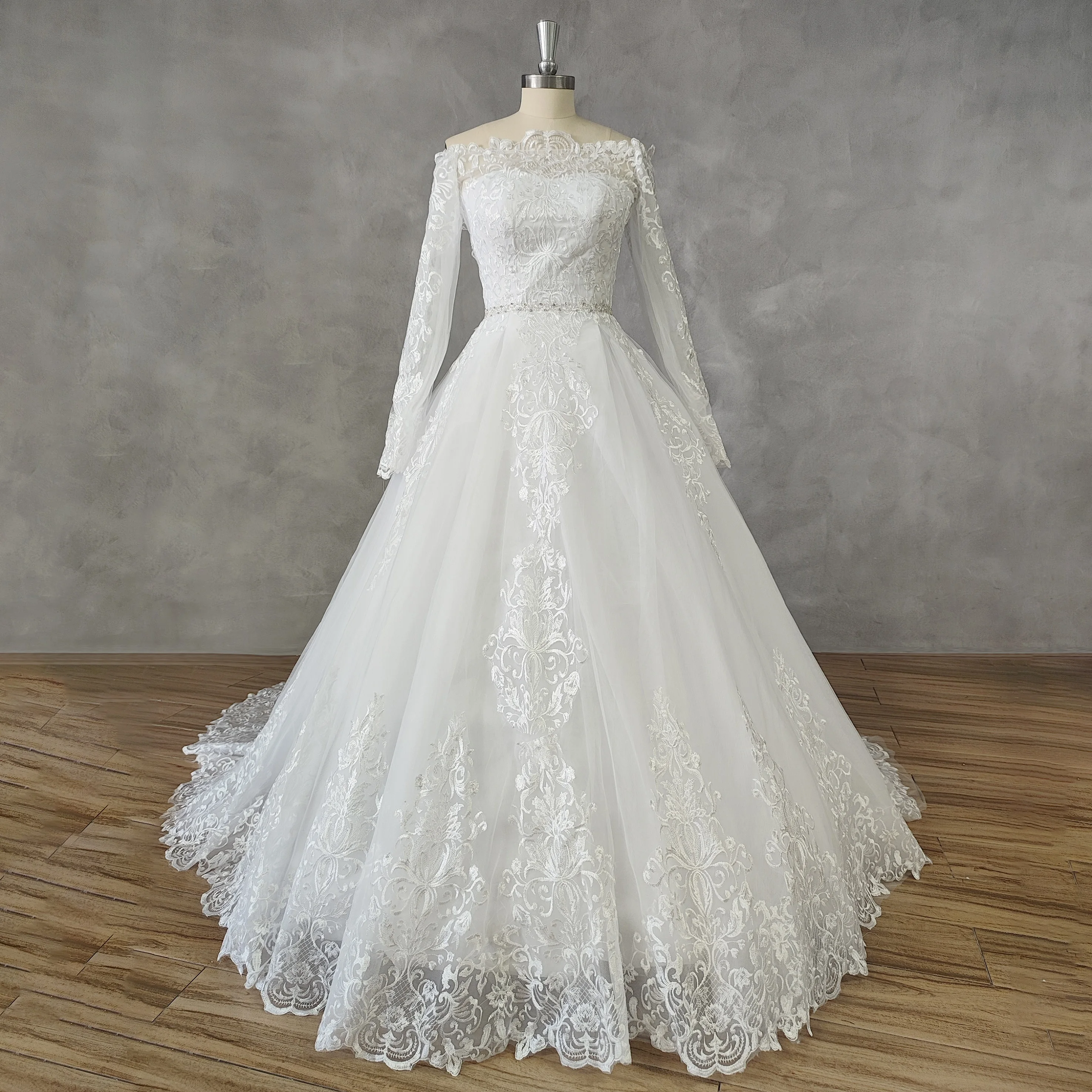 DIDEYTTAWL Real Picture Off-Shoulder Appliques A-Line Tulle Wedding Dress Button Back Long Sleeves Court Train Bridal Gown