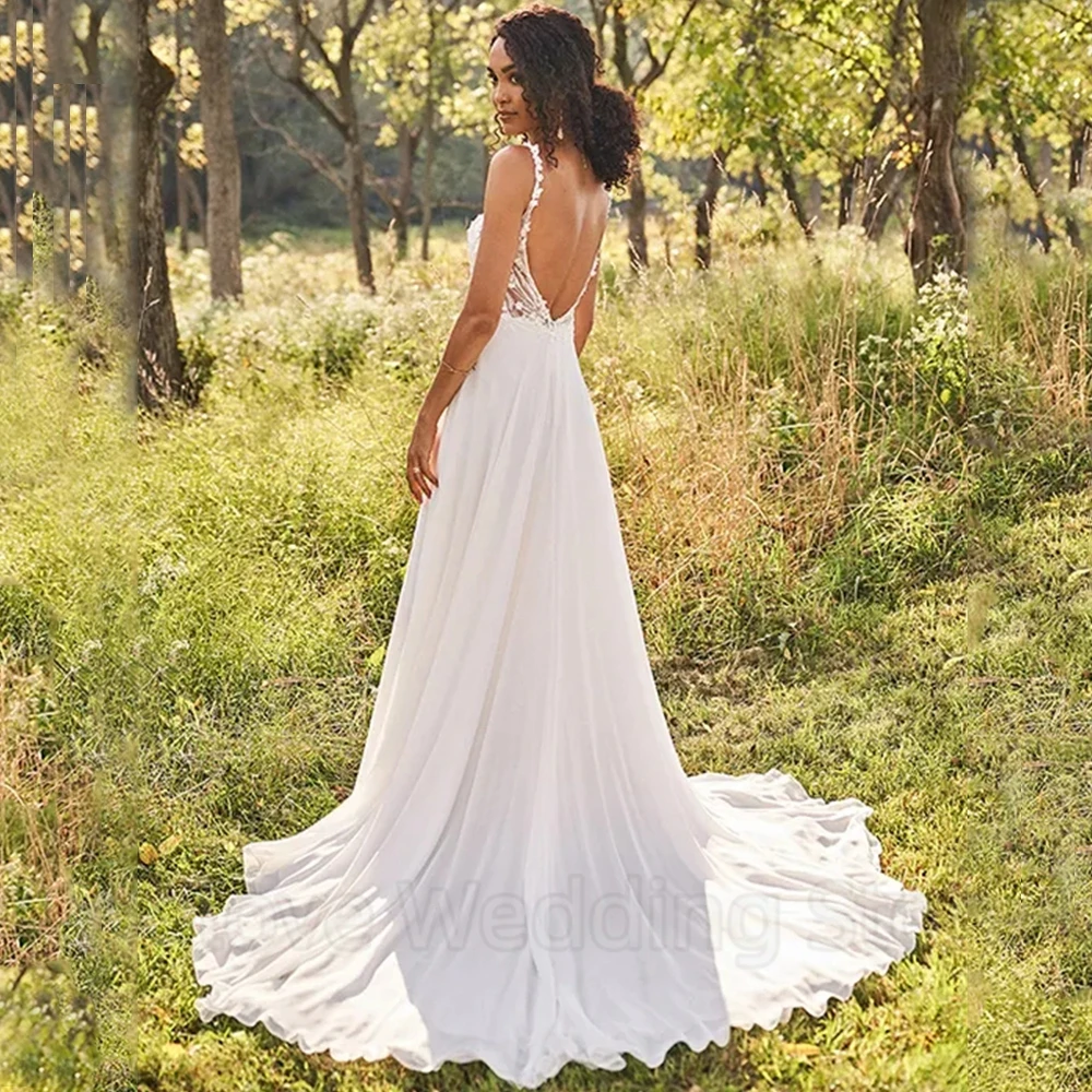 Charming Spaghetti Straps with Applique Wedding Dress V-Neck Sleeveless A-Line Chiffon Floor Length Sexy Open Back Bridal Gowns