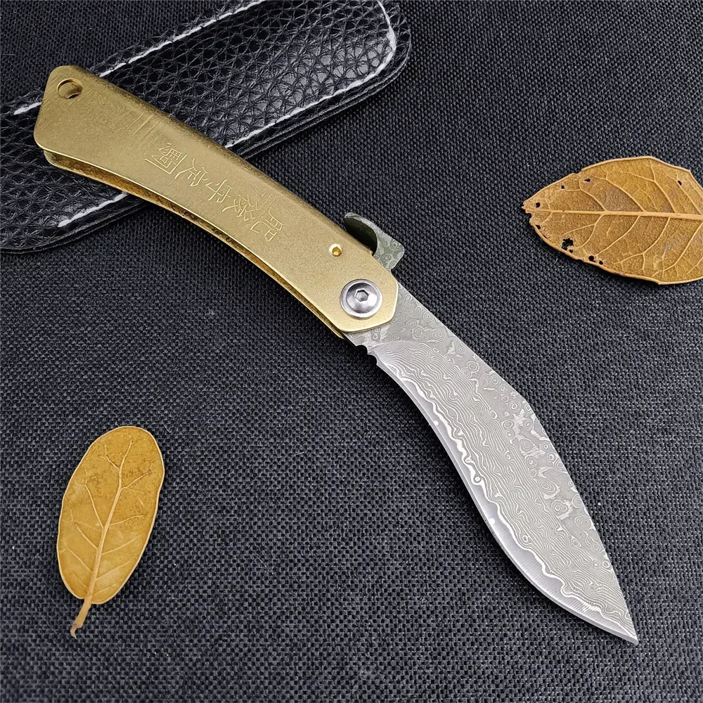 Portable Damascus steel blade brass handle outdoor tactical survival Hunting multi-purpose camping EDC folding knife