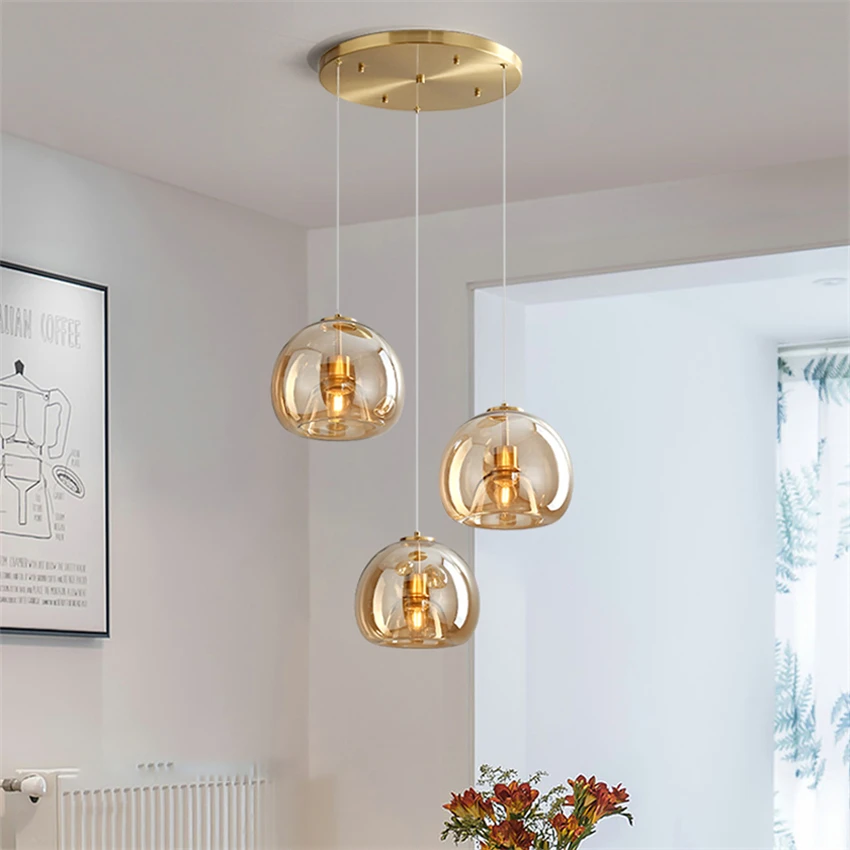 Nordic Cognac color glass ball pendant lights living room dining lamp bedroom bedside lamp study hanging lights E27 fixtures