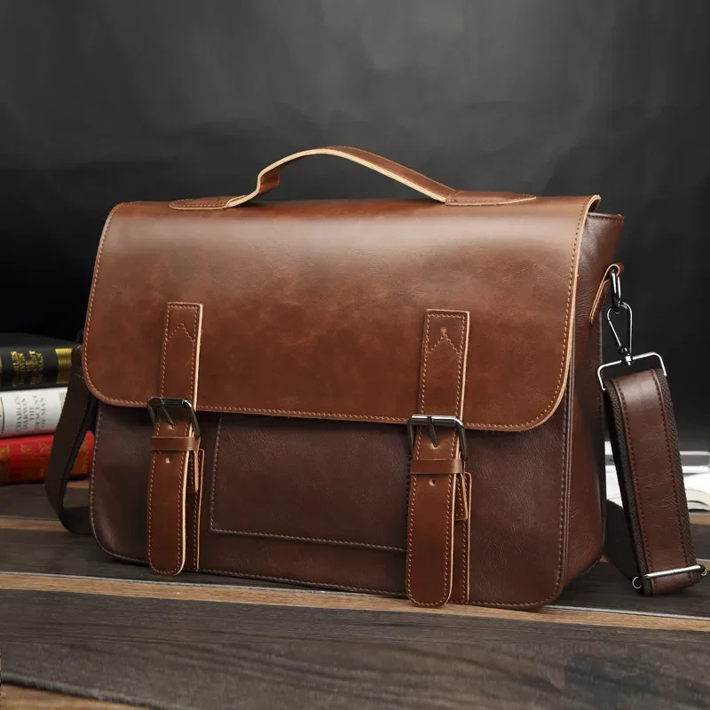 Vintage Messenger กระเป๋าผู้ชาย Crossbody กระเป๋าหนังเทียมกระเป๋าถือ Briefcases กระเป๋าแล็ปท็อปสําหรับบุรุษ Crazy Horse กระเป๋าสะพายชาย