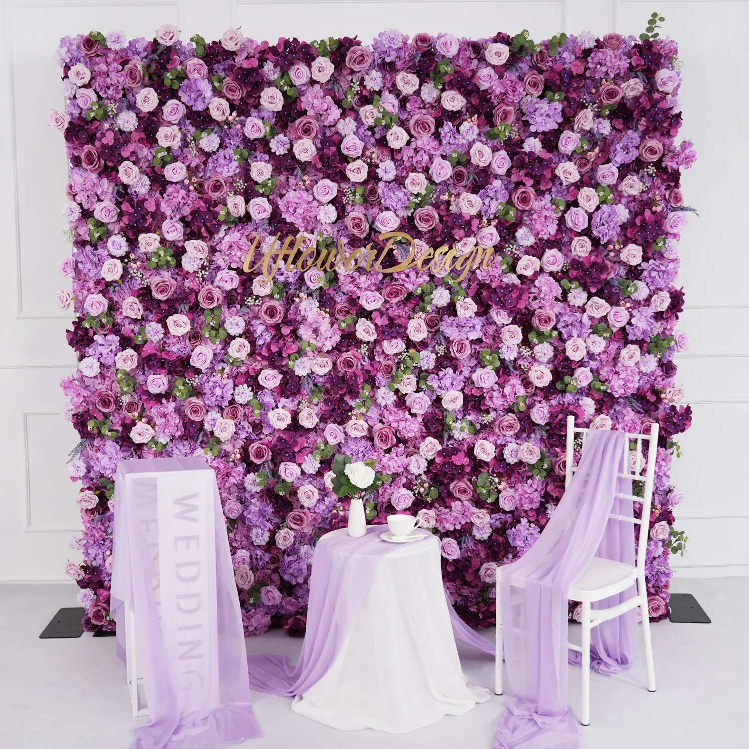 Uflower Luxury Purple Rose 5D Silk Cloth Artificial Flower Wall Wedding Backdrop Decor Floral Wall Event Party Window Display