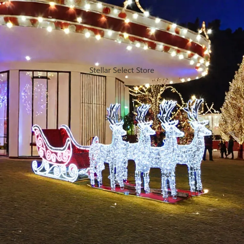 Customize IP65 Waterproof Christmas Decoration Street Deer Motif Life Size 3d Led Sleigh Santa Claus and Reindeer Outdoor Light