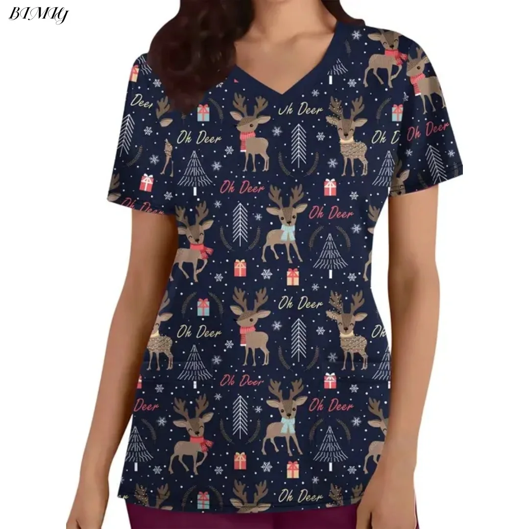 Uniforme d'infirmière de noël pour femmes, T-Shirt à manches courtes, imprimé père noël, flocons de neige, pain d'épices, col en v, poches supérieures, cadeau d'infirmière