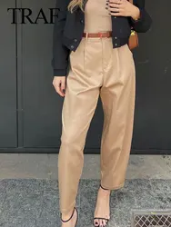 TRAF Fashion Female Trousers Mujer Women Solid Pant With Belt Pleated Solid Vintage High Waist Side Pockets Zipper Fly Pants