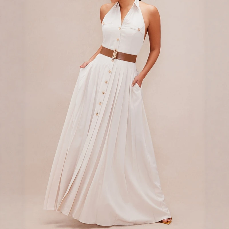 섹시한 백리스 넥 홀터 슬리브리스 솔리드 컬러 드레스 여름 하이웨이스트 A라인 롱 드레스 V넥 싱글 버튼 클로저 드레스