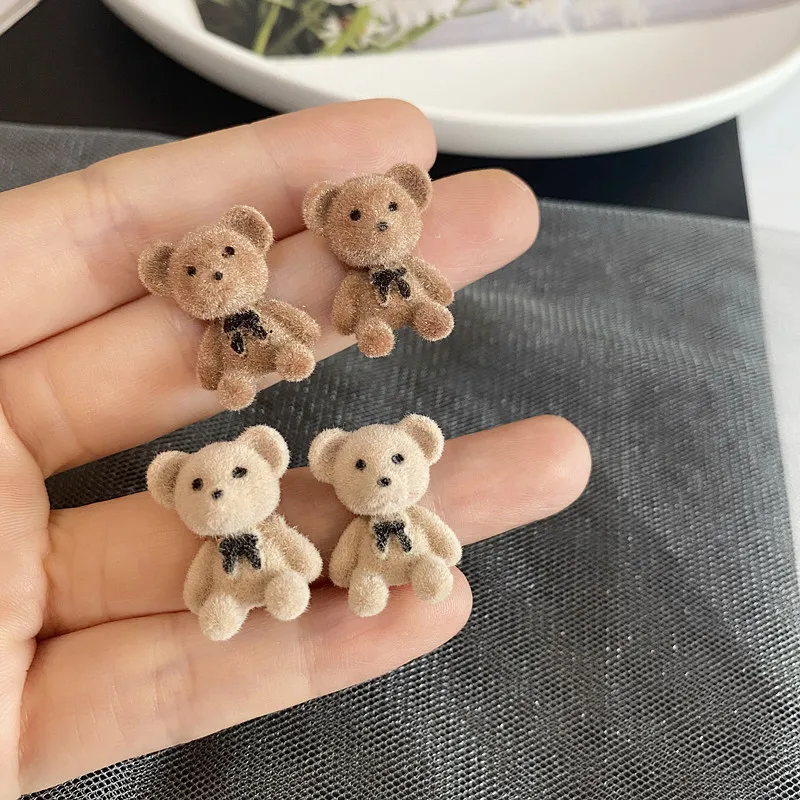 Kawaii Sweet Flocked Bear Animal Stud Earrings Autumn Winter Fashion Jewelry Girls Bithday Gifts