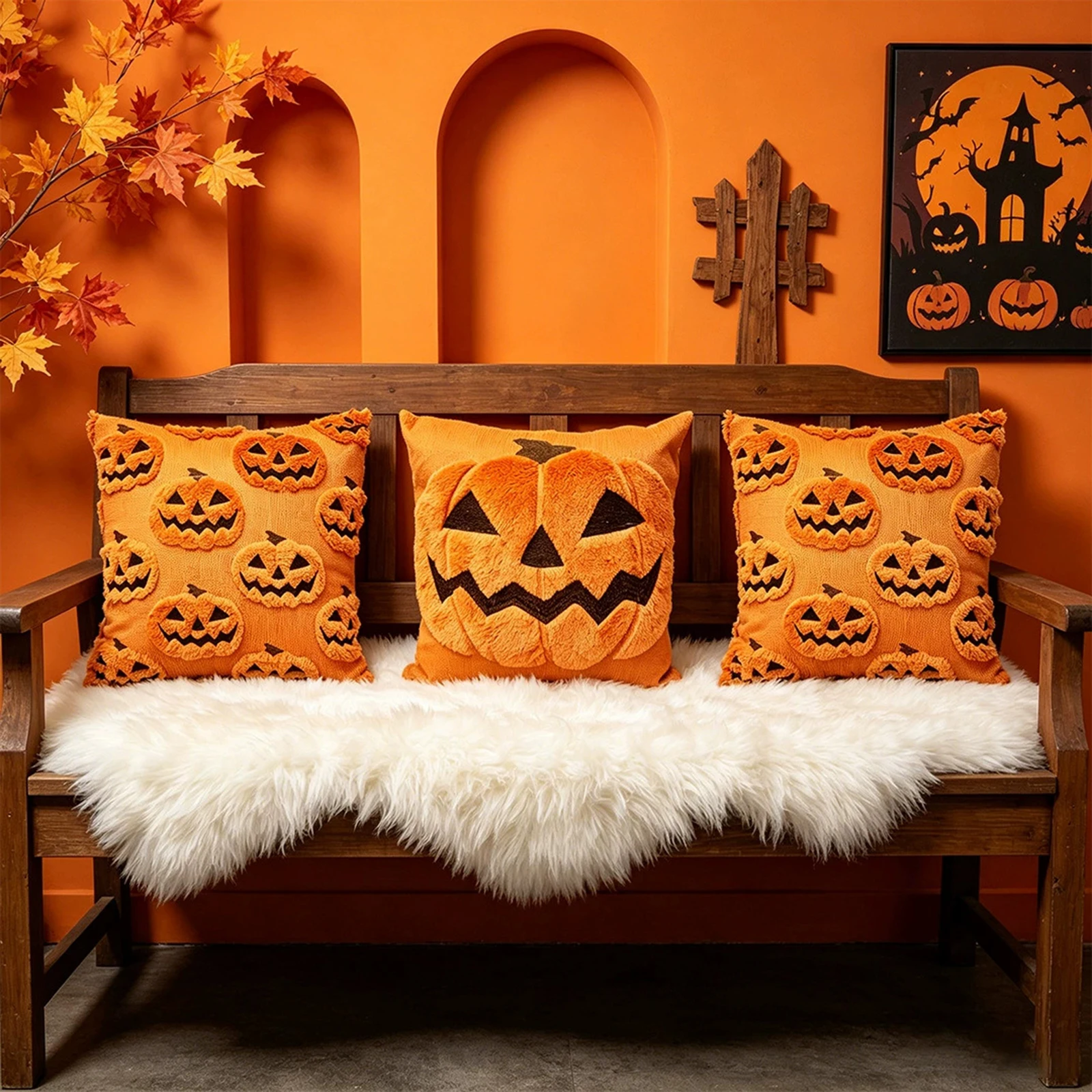 Halloween Throw Pillow Cover Plush Faux Fur 18x18inch Pumpkin Ghost Embroidery Hidden Zipper Bedroom Cushion Cover for Sofa Couc