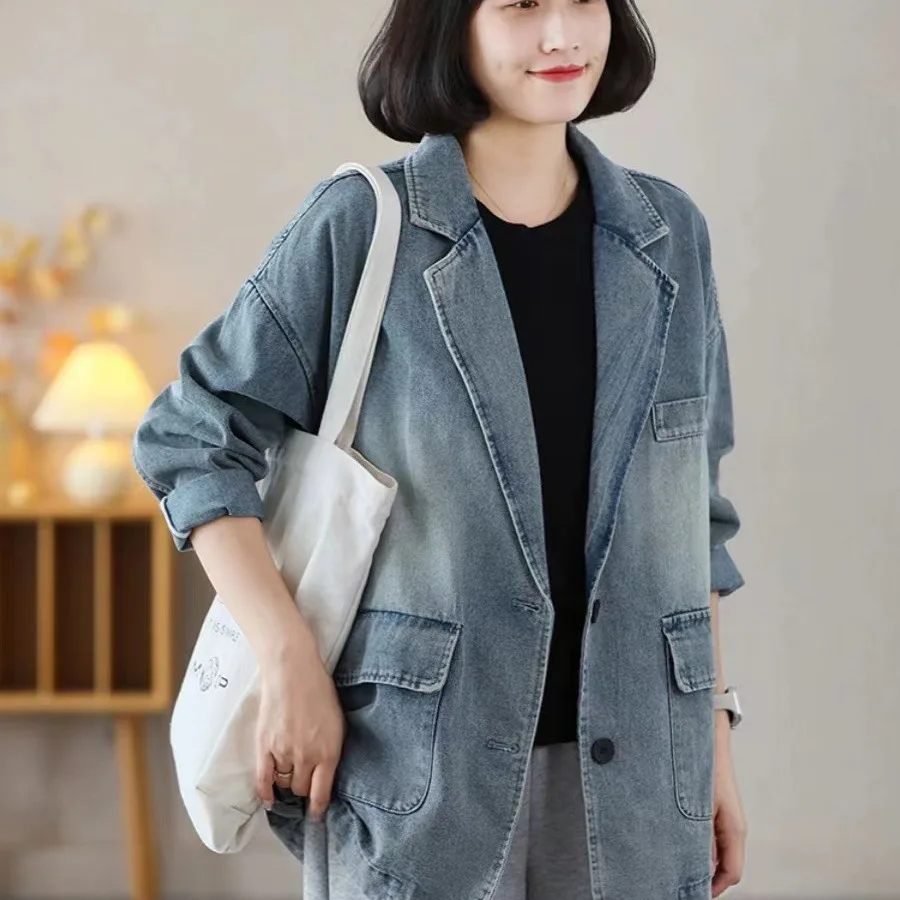 

Spring Denim Coat Jackets Suit Woman Loose Bleached Pockets Turn-Down Collar Solid Color Casual Tops JJ910