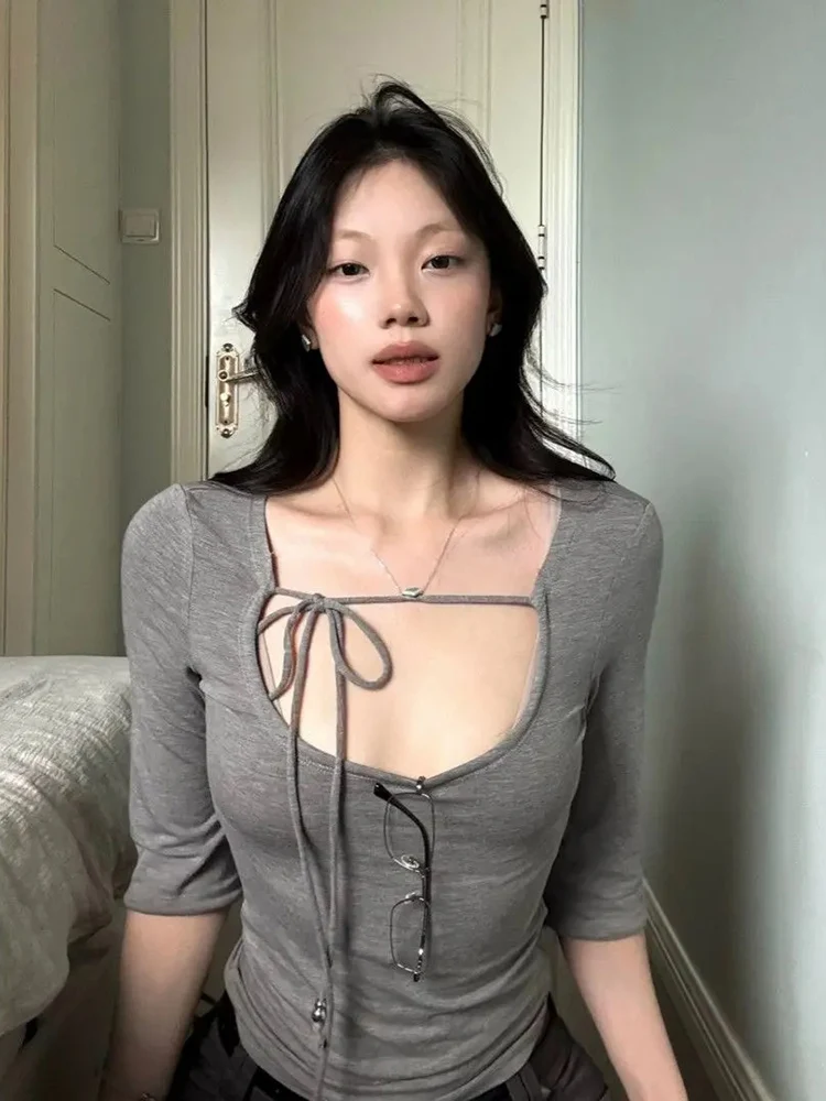 Y2k Aesthetic Women Sexy Solid Color T-shirt Streetwear Grunge Half Sleeve Slim Fit Tshirts Harajuku Vintage Bandage Tees Femme