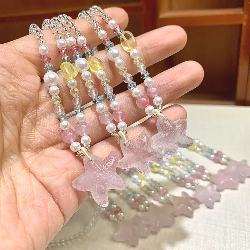 Crystal Necklace Powder Crystal Starfish Sweater Chain Rosestone Citrine with Bead Clavicle Chain Starfish Crystal Necklace