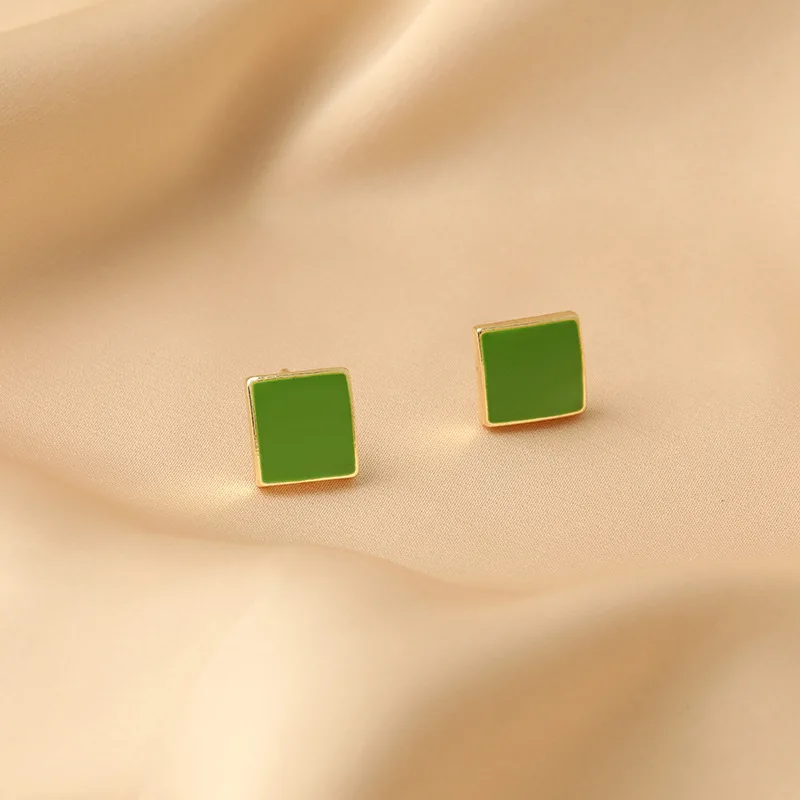 Retro Green Color Square Stud Earring for Women Korean Geometry Enamel Glaze Temperament Jewelry Christmas Girlfriend Gift