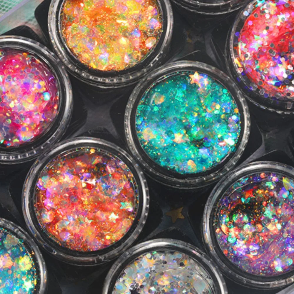 1Jar Laser Sequin Gel Face Body Glitter Eyeshadow Cream Colorful Sequin Body Cream Stage Festival Party Makeup Gel Glitter Flake