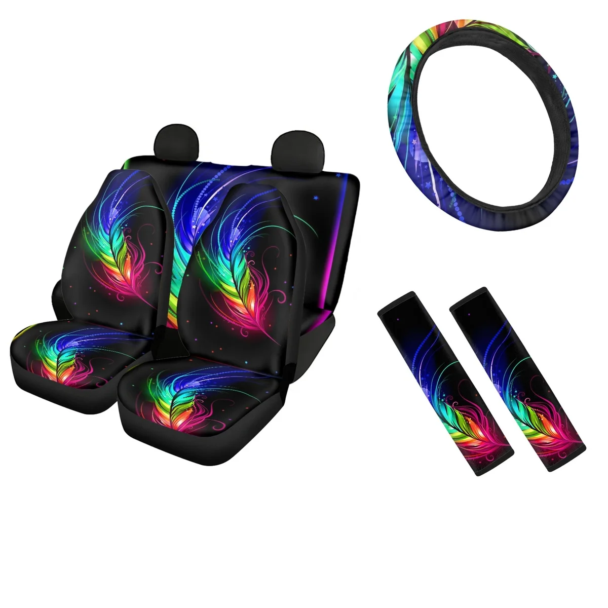 

Colorful Feathers Design Universal Vehicle Seat Covers Sweat Absorption Comfort Steering Wheel Cover Seatbelt Shoulder Strap