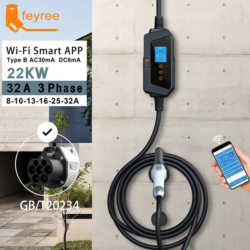 feyree GBT Plug Portable EV Charger Fast 22KW 32A 3Phase Adjusting Current Wi-Fi Smart APP Control Electric Car Charging Station