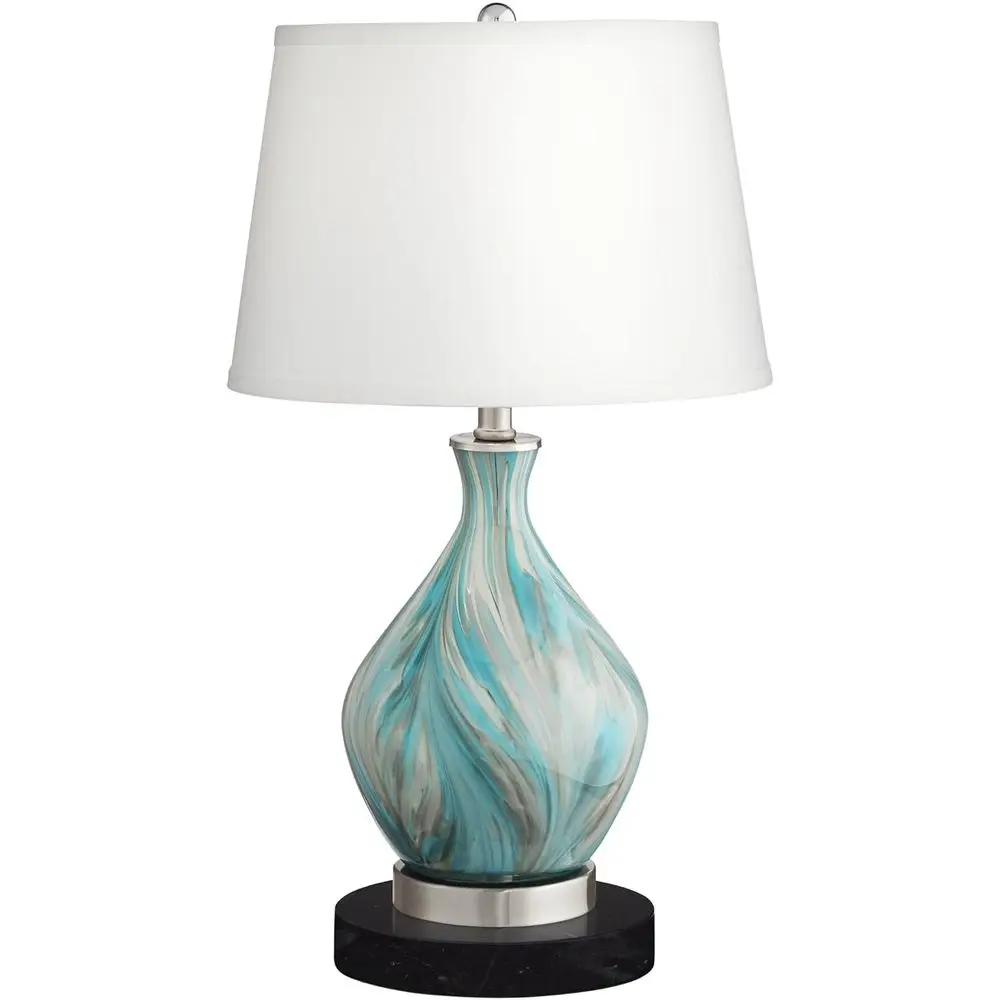 

360 Lighting Cirrus ern al Accent Table Lamp 22" High with Round Black Marble Riser Blue Gray Glass Drum Shade or Bedroom Living
