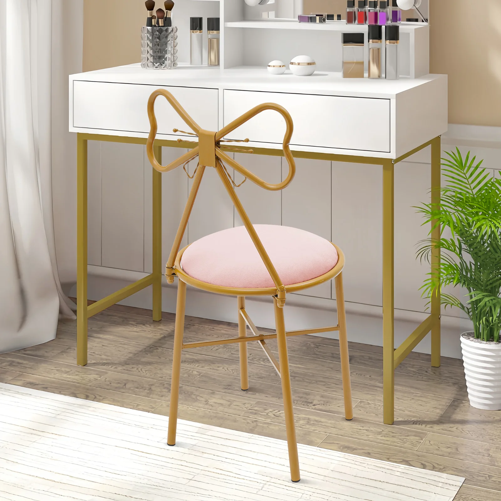 Butterfly Bow Tie Pink Vanity Chair Velvet Cushion Metal Frame Lounge Dresser Seat with Butterfly Backrest