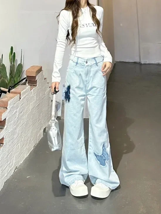 Patches Butterfly Flare Jeans Denim Pant Slight Bootcut Bell Bottom high waist y2k harajuku casual long jean trouser plus size