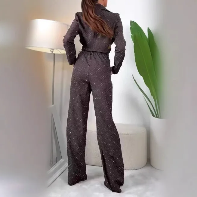 

Fashion Hot Diamond Irregular Blazer Wide Leg Pants Two-piece Set