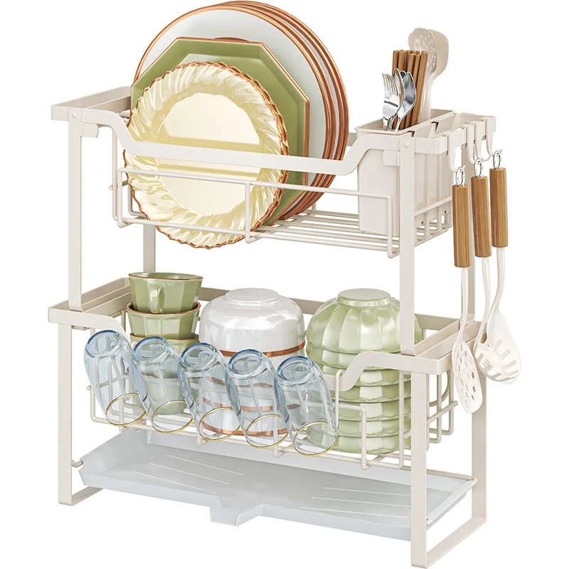 Kitchen Dish Drying Rack 2 Ter Cutlery Storage Rack With Drain Tray Over Sink Dish Cup Storage Holder Rust-Proof Utensil Rack