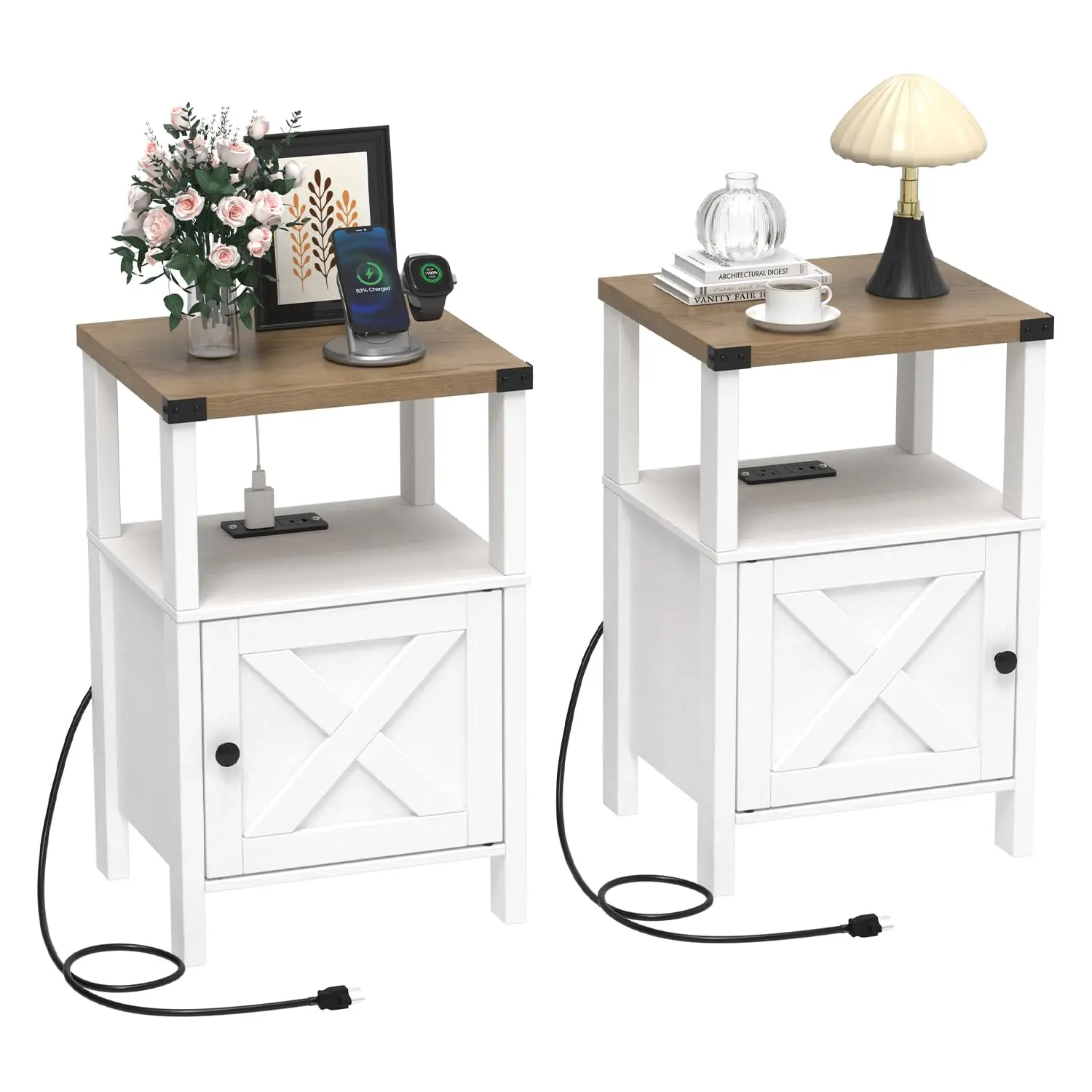 

Farmhouse Nightstands With Charging Station, Rustic Vintage Side End Table With Storage, Wood Side Table With Barn, Customized