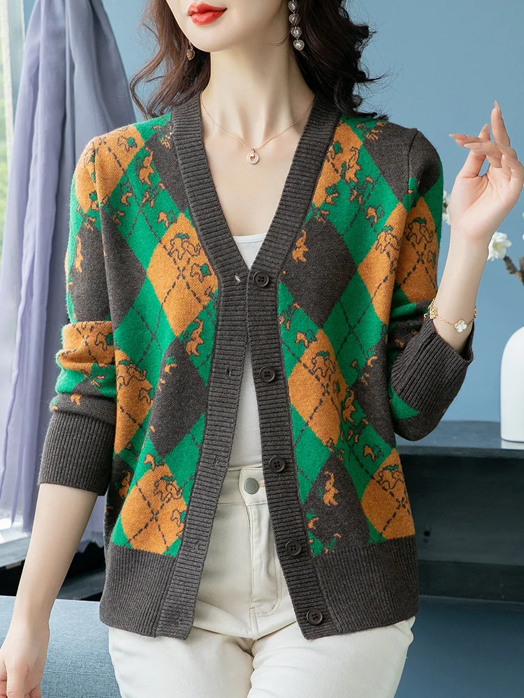 Cardigan à imprimé géométrique pour femmes, pull à manches longues, tricots à simple boutonnage, vêtements de printemps et d'automne