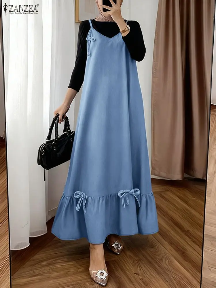 فستان خريف 2025 من ZANZEA عباية إسلامية فستان صيفي بدون أكمام من قماش الدنيم فستان صيفي أزرق رداء نسائي ملابس إسلامية