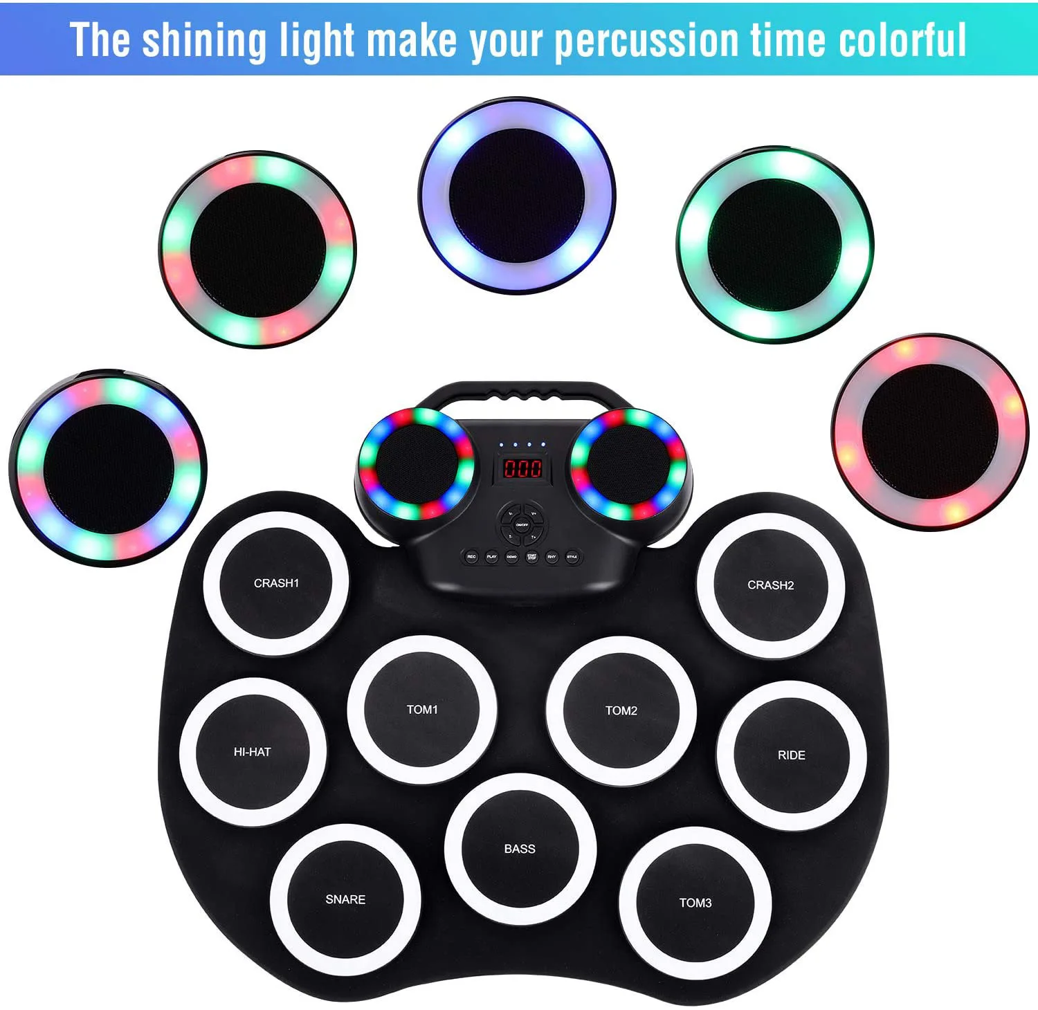 Portable Electronic Drum Hand-rolled Electronic Drum Flashing Light Bluetooth Drum Kit Built-in Lithium Battery with Horn