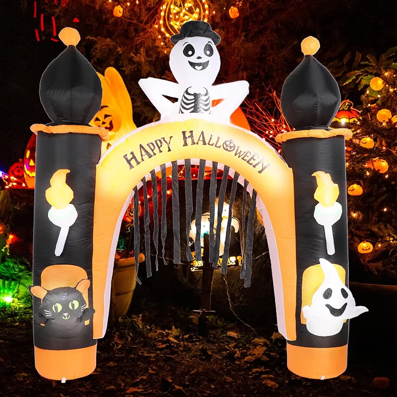 8FT Halloween Inflatable Ghost Archway Outdoor Pumpkin Ghost Blow up Archway Decoration with LED Light for Party Home Yard Toys