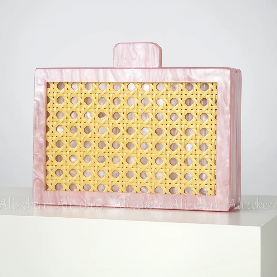 Woven Rattan Acrylic Box Evening Bags Women New Summer Luxury Designer Boutique Green Square Clutch Purses And Handbags Wedding